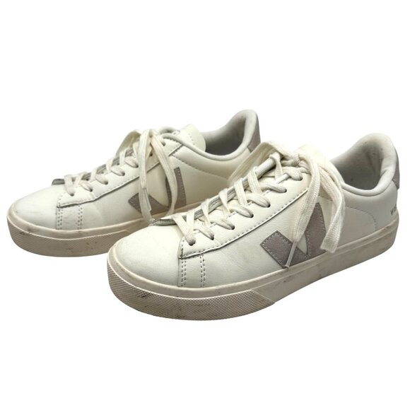 Veja‎ Shoes Women 6 White Gray Leather Lace Up Campo Sneakers Fashion Outdoor - Picture 1 of 11